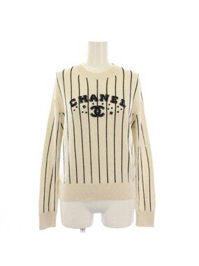 Chanel Logo Knit Sweater Long Sleeve CC Stripe Cashmere White 34